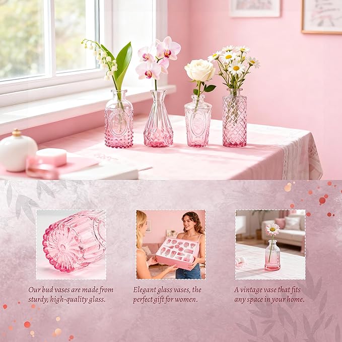 Der Rose Pink Glass Bud Vases Set of 30, Small Bud Vases for Flowers, Rustic Wedding Centerpieces and Home Decor