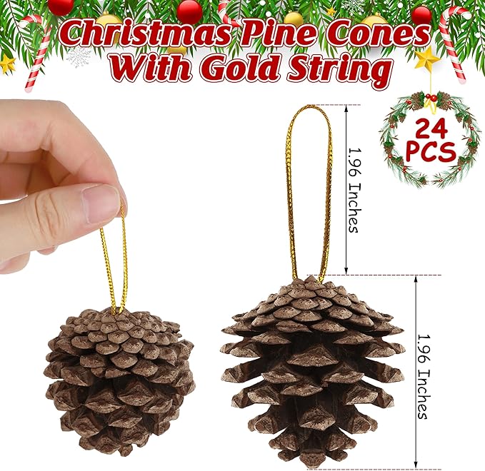 24 PCS Natural Pine Cones, 1.96 in Pinecone Ornaments, Rustic Pine Cones for Crafts, Winter Decorations for Home, Bulk Pines Cone with Gold String for Christmas Table Decor DIY Christmas Ornaments