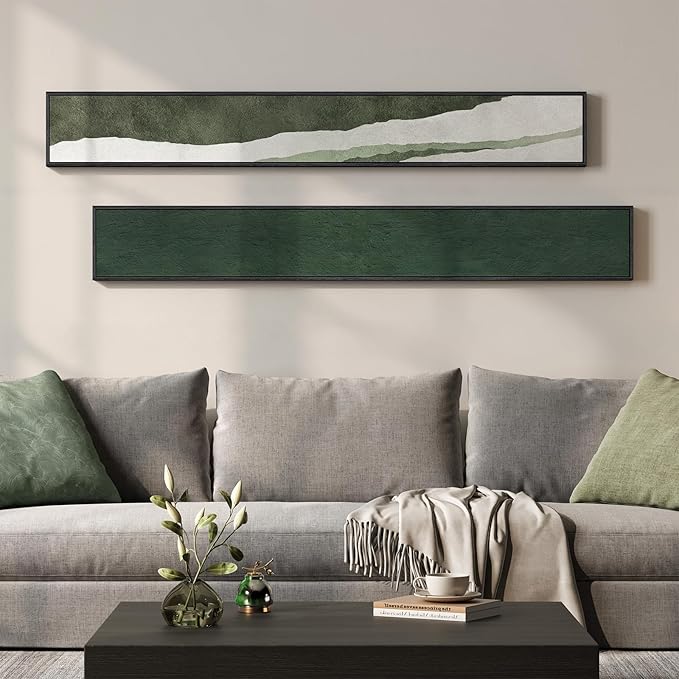 Long Narrow Framed Green Vertical Abstract Wall Art Set, 2 Piece Modern Canvas Prints Paintings Artwork for Walls, Green White Minimalist Pictures for Living Room Bedroom Entryway Hallway Wall Decor