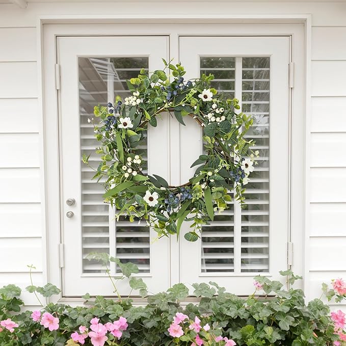 LZNPA 24 Inch Spring Summer Wreaths for Front Door Eucalyptus Wreath with Blue Berries Elegant Durable Greenery Front Door Wreath for Outside Wedding Farmhouse Porch Wall Room Home Decor