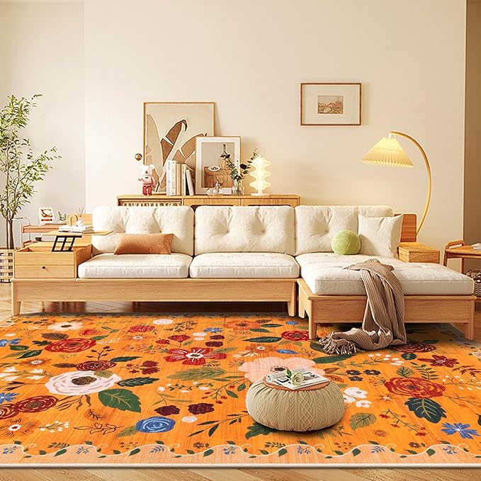 U'Artlines 6x9ft Fall Floral Area Rug, Machine Washable Ultra Soft Low Pile Non Slip Non Shedding Accent Floor Carpet for Living Room, Bedroom, Dining Room, Office (Orange)