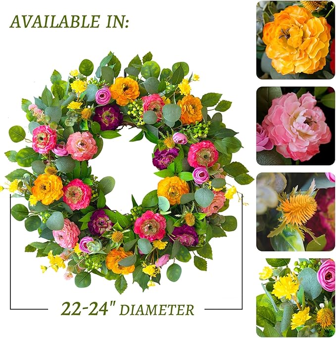 Spring Wreaths for Front Door 24 Inch Outdoor Spring Wreath with Peony Rose Ranunculus & Eucalyptus,Handmade Silk Summer Wreaths for Front Door,Spring Door Wreath for Porch Home Wall Window