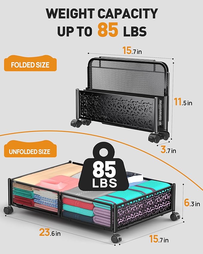 Under Bed Storage With Wheels, 4 Pack Foldable Pattern Carved Metal Under Bed Storage Containers, 60L Rolling Underbed Storage, Easy Assembly Under The Bed Storage for Shoes, Clothes, Blankets...