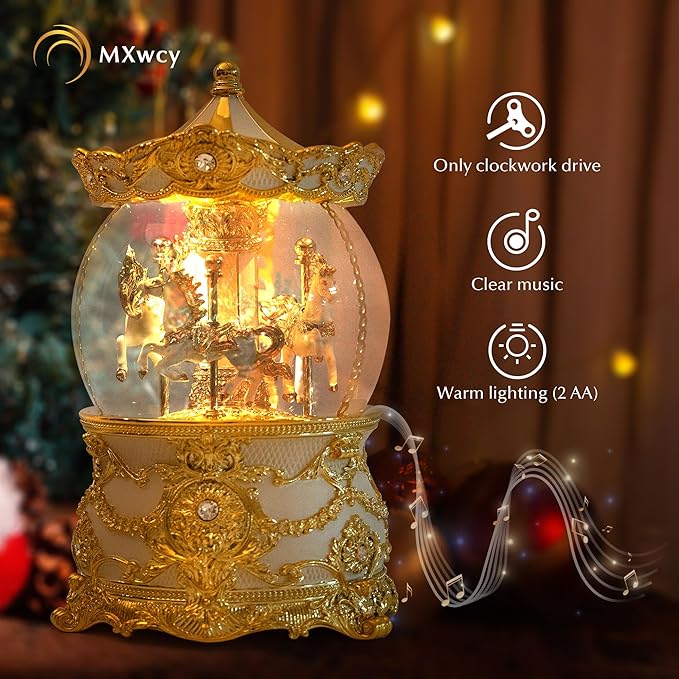 Carousel Music Box Gold & Ivory Christmas Snow Globes, 8.3" Rotate Carousel Snow Globe for Kids & Adults, Classic Wind up Musical Snow Globe Birthday Gifts for Women Girls, Carousel Horse Home Decor
