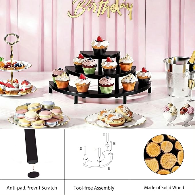 3-Tier Wooden Display Risers, Rustic Cupcake Stand, Perfume Organizer, Dessert Table Display Set for Party & Home Decor (Black)
