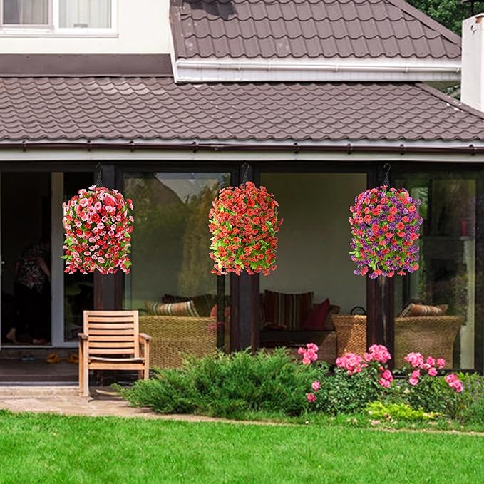 Artificial Fake Hanging Flowers Plants Baskets for Outdoor Spring Summer Decorations,Resistant Faux Morning Glory Silk Plants for Outside UV Resistant Patio Yard Home Porch Decor(Red Brown)