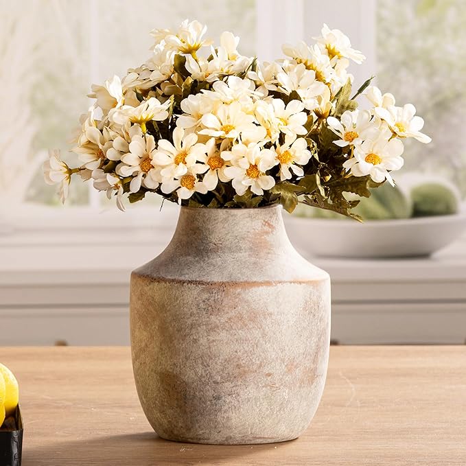 Mitt&Ditt Ceramic Flower Vase, 7.5 inch Off-White Farmhouse Rustic Vase, Handcrafted Weathered Pottery Vases, Small Flower Terracotta Vases for Home Decor, Living Room, Table, Shelf