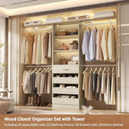 Aheaplus Closet System with 4 Drawers, 8FT Wood Closet Organizer System, Walk-in Closet Wardrobe with Tower, 4 Hang Rods, 2 Top Shelves, Built In Closet Insert System, Fits Spaces 4-9 ft, White Oak
