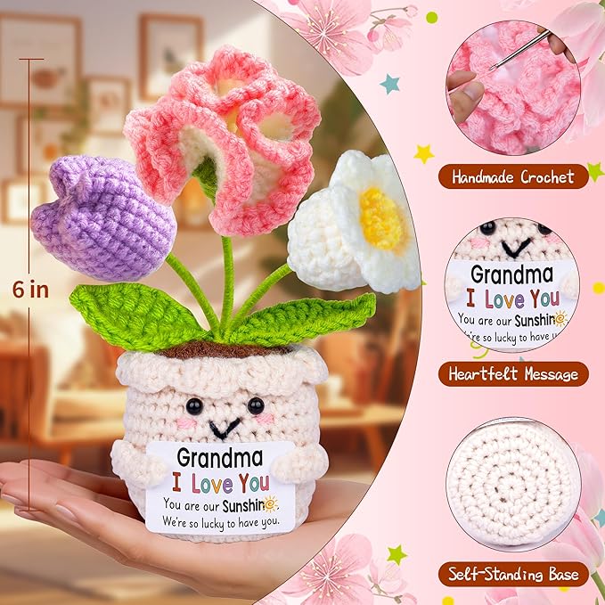 Gifts for Grandma, Grandma Gifts from Grandkids, Birthday Gift for Nana Grandmother GaGa, Mother's Day Birthday I Love You Present for Grandmother, Cute Handmade Crochet Positive Tulip Flowers Doll