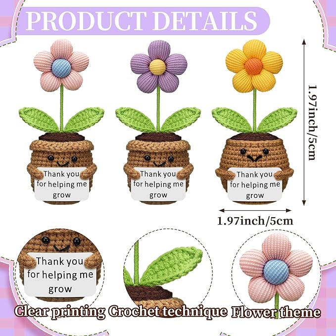 Wavwavw 3 Pack Teacher Appreciation Gift Positive Flower Handmade Crochet Doll Thank You for Helping Me Grow Gifts Back to School Gifts for Women Teacher(Cute Flower)