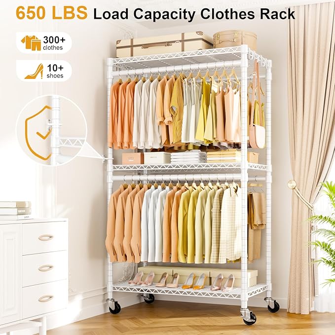 P5 Rolling Clothes Rack Heavy Duty, Clothing Racks for Hanging Clothes, Metal Garment Rack with Wheels, 3-Tier Portable Closet Rack 39.4'' W × 20.5'' D × 80.5'' H, Max Load 650 Lbs, White