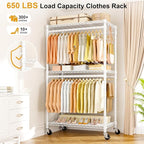 P5 Rolling Clothes Rack Heavy Duty, Clothing Racks for Hanging Clothes, Metal Garment Rack with Wheels, 3-Tier Portable Closet Rack 39.4'' W × 20.5'' D × 80.5'' H, Max Load 650 Lbs, White