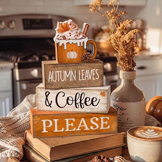 Lineshading 4 Pcs Fall Coffee Table Decor Fall Decoration for Home Wooden Stacked Block with Pumpkin Latte Topper Rustic Thanksgiving Tiered Tray Decor for Harvest Party Home Kitchen Coffee Bar