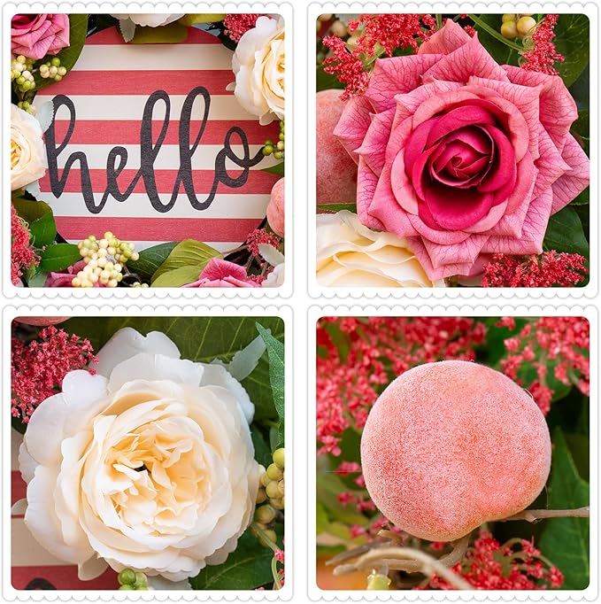 Spring Summer Wreaths for Front Door Outside, 24 Inch Peony & Rose Floral Summer Wreath with Pink Peach Farmhouse Door Decor, Spring Wreaths for Front Door, Spring Door Wreath for Front Door Outside