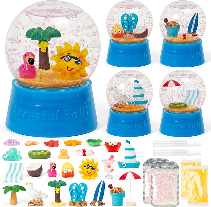 Summer Snow Globes Craft Kit - 8 Set DIY Plastic Snow Globe Craft with Mini Resin Coconut Trees, Make Your Own Party Favor Decor with Glitter for Classroom Activity Gift (Beach)