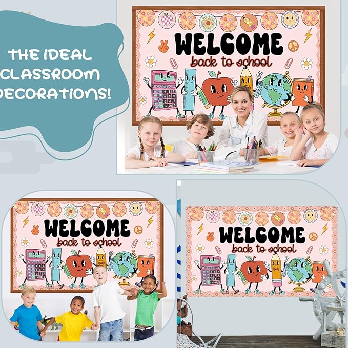 Pajean Welcome Back to School Bulletin Board Set Hippie Retro Classroom Decorations Cute Stationery Apple Cutouts with Groovy Daisy Borders for First Day of School Library Decor Office Supplies