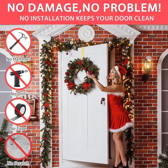 12” Wreath Hanger Over the Door Hooks, Non Scratch Wreath Door Hanger Hooks for Hanging Welcome Sign, Metal Wreath Hangers for Front Door Decor, Thin Door Hanger for Easter Christmas Home Decoration