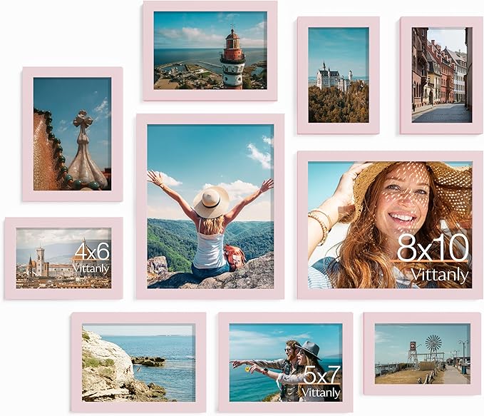 Vittanly 10 Pack Picture Frames Collage Wall Decor, Gallery Frame Set for Wall Mounting or Tabletop Display, Multi Sizes Including 2pcs 8x10, 4pcs 5x7, 4pcs 4x6, Pink