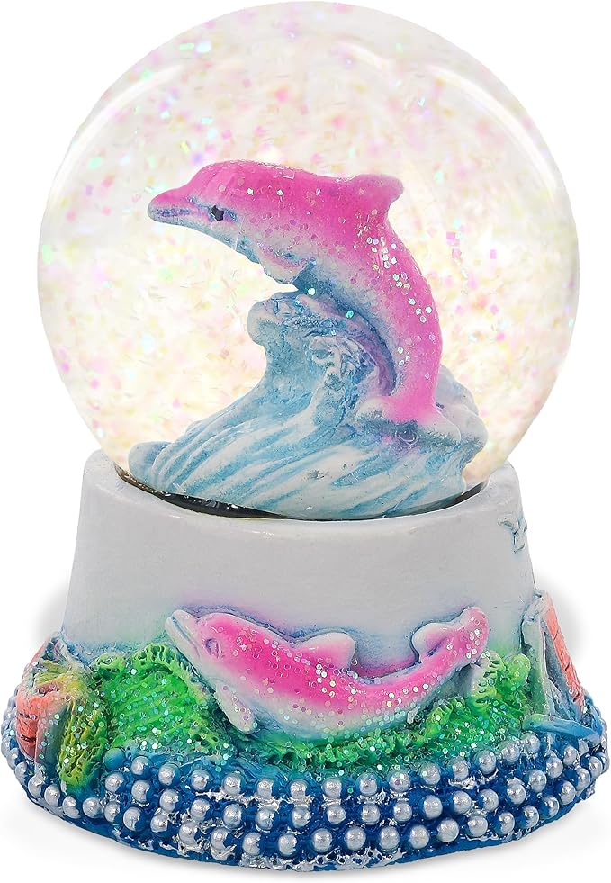 CoTa Global Dolphin Neon Snow Globe Decor - Elegant Pink Sparkle Glitter Inside The Snow Globe Figure, Animal Figurines for Kids and Adults, Collectible Snow Globes for Birthday, Christmas - 45 mm