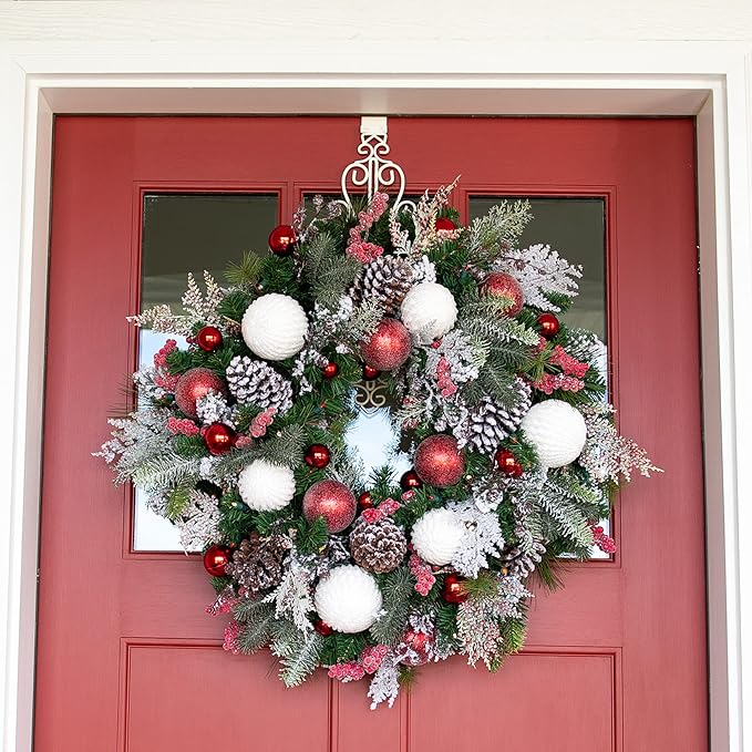 [Front Door Wreath Hanger] - Colonial Design | Adjustable Hook Length for Tall and Small Doors | Padding to Prevent Damage Like Scratch and Dents | Heavy Duty Cast Iron Metal Hangar - (White)