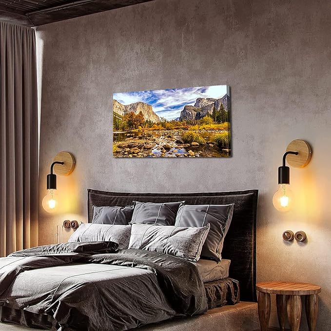 Yosemite Valley Mountain Wall Art Panorama of National Park Canvas Prints Nature Landscape Pictures Wall Decor Fall Stream Forest Painting Artwork for Living Room Bedroom Office Home Decorations