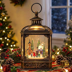 Christmas Snow Globe Lantern Water Glittering Town Home with Carolers, Music & Timer, USB Lined/Battery Operated Lighted Lantern for Christmas Festival Decoration Gifts