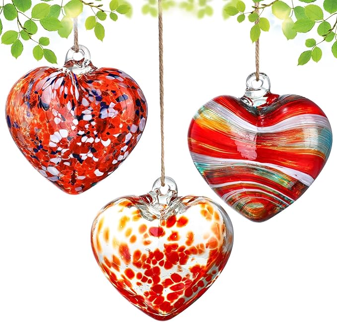4inch Hand Blown Glass Red Heart Ornaments Hanging Friendship Hearts for Patio Garden Outdoor Decor Unique Gift Valentine's Day Decorations for Lover