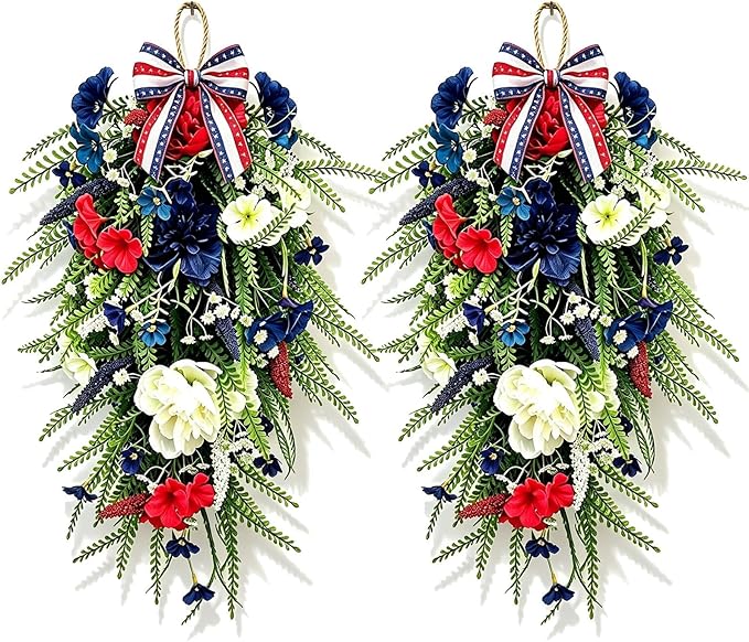 2 Pack 21'' Patriotic 4th of July Teardrop Swag Wreaths Independence Day Patriotic Floral Swag with Artificial Flowers and Fern Leaves Hanging Wreath for Double Front Doors Porch Window Wall Farmhouse