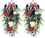 2 Pack 21'' Patriotic 4th of July Teardrop Swag Wreaths Independence Day Patriotic Floral Swag with Artificial Flowers and Fern Leaves Hanging Wreath for Double Front Doors Porch Window Wall Farmhouse