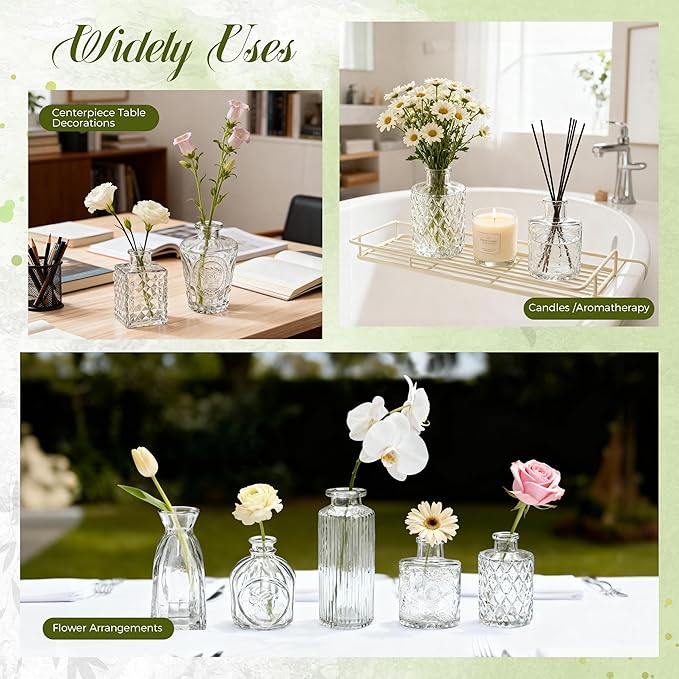 Der Rose Glass Bud Vases Set of 12, Small Bud Vases for Flowers, Rustic Wedding Centerpieces and Home Decor