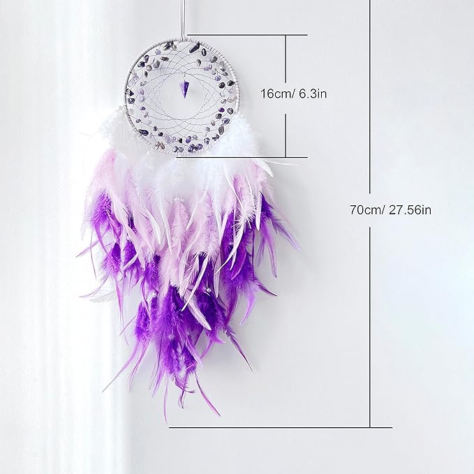 Purple Dream Catchers, Handmade Traditional Circular Net with Lucky Crystal Stones, Perfect Wall Hanging for Home Decor, Girl’s Bedroom, Art Ornament Craft Gift (Purple and Pink)