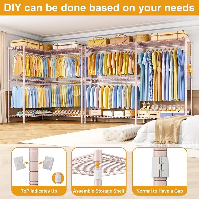 E15 Pro Garment Rack L Shaped Clothes Rack for Corner，Freestanding Clothing Racks for Hanging Clothes，Heavy Duty Closet System with 4 Hanging Rods & 8 S Hooks，48.8"W x 15.8"D x 78.4"H，Pink