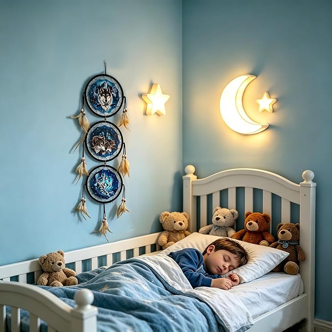 Remorelt Wolf Dream Catchers，3-Layer Circle Wall Hanging with Different Wolf Art for Wolf Lover Room Decor,Ideal Bedroom Wolf Home Decor,Dream Catcher for Boy Kids(DC01 6Inch Wolves)