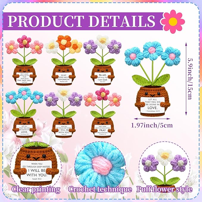 Wavwavw 6 Pcs Christian Gift for Women Inspirational Religious Gifts Positive Faith Scripture Crochet Handmade Bible Verse Crochet Doll with Prayer Card for Vbs Church(Puff)