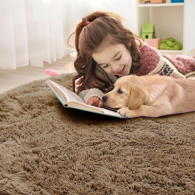 OLANLY Taupe Round Rugs for Bedroom - Machine Washable, 4 ft Circle Area Rugs for Living Room, Soft and Fluffy Shaggy Carpet for Teen Girl and Boys, Nursery Rooms, Dorms, Home Decor Aesthetic