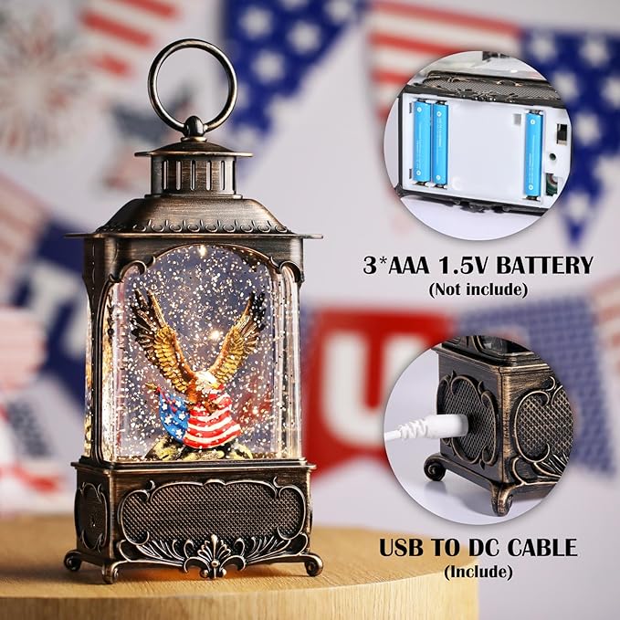Eagle Snow Globe Lantern 4th of July Decorations Decorations Gifts Auto Snowfall Glitter Music Collection Independence Day Patriotic American Flag with 6H Timer USB/Battery Powered 10.2 inch