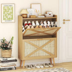 Shoe Cabinet with 2 Flip Drawers, Farmhouse Hidden Shoe Storage Cabinets, Narrow Wooden Shoes Organizer for Entryway, Slim Freestanding Shoe Rack Cabinet for Front Door Entrance, Rattan Natural