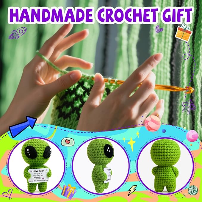 Positive Alien Crochet Plush with Message Affirmation Card - Appreciation Birthday Gift for Women Men, Her Him, Teen, Boy Girl, Inspirational College High School Graduation Congrats Grad Decoration