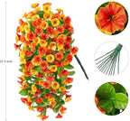 Artificial Fake Hanging Flowers Plants for Outdoor Decoration, 2PCS Faux Silk Morning Glory Long Vines Stems UV Resistant Look Real for Spring Summer Outside Home Porch Patio, Orange Yellow