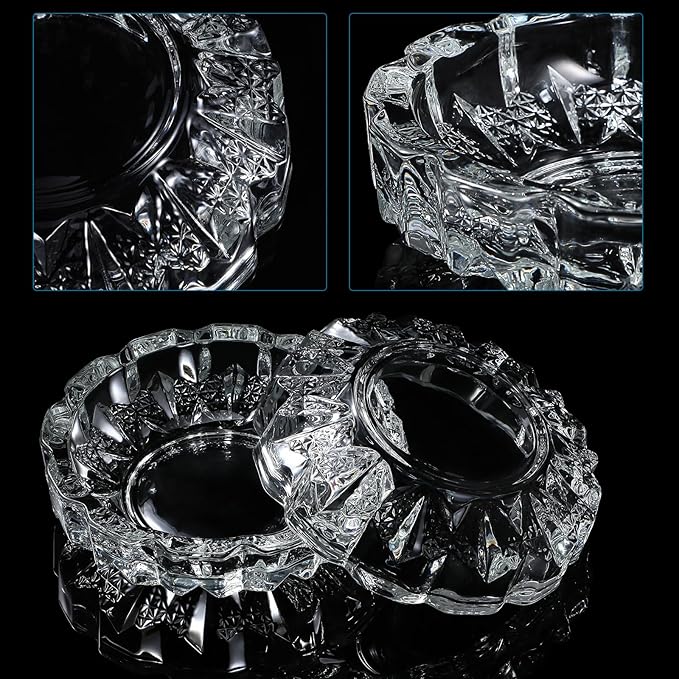 Timgle Glass Ashtray 4 Packs Round Crystal Ash Tray Clear Ashtrays for Home Portable Heavy Duty Decorative Office Patio Indoor Outdoor(Vintage)