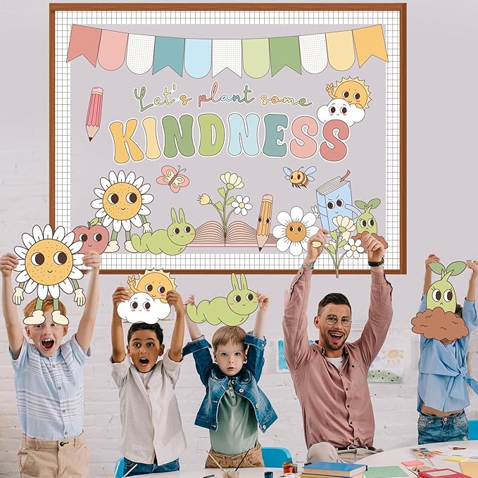 Pajean Let's Plants Some Kindness Bulletin Board Set Boho Back to School Classroom Decorations Sunflower Pencil Book Apple Paper Cutouts with Borders for First Day of School Library Decor Supplies