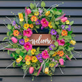 Pinkpuii Spring Wreaths for Front Door Outside – 24 Inch Artificial Tulip & Wildflower Summer Wreath with Green Eucalyptus Leaves and Welcome Sign- Indoor Outdoor Farmhouse Home Porch Wall Decor