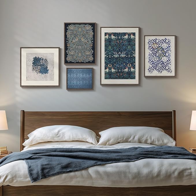 Framed William Morris Wall Art for Living Room, 5 Piece Large Vintage Blue Canvas Prints Set, Floral Botanical and Bird Pattern Aesthetic Decor for Bedroom, Hallway, Home Office, Kitchen, Guest Room