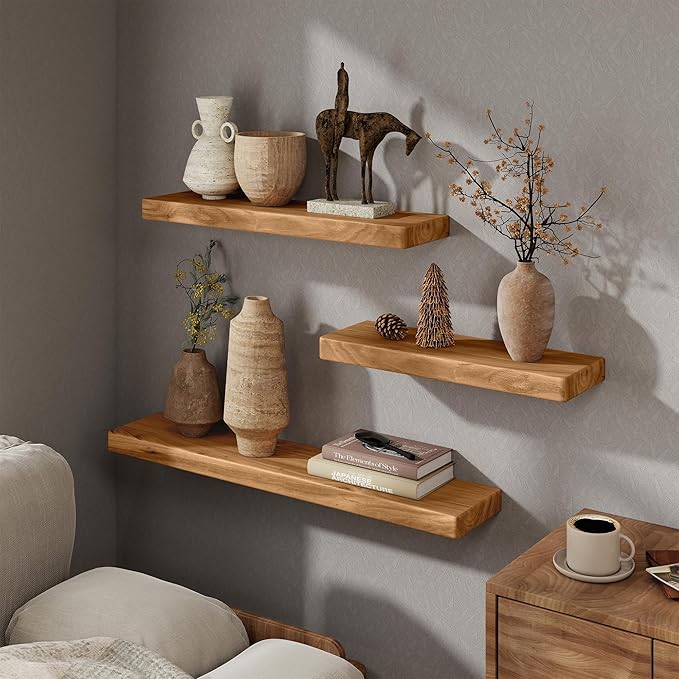 Marsmiles 24 inch Floating Shelves for Wall Solid Elm Wood Shelves|Rustic Wall Mounted Shelves with Heavy-Duty Invisible Bracket for Bathroom Living Room Kitchen|Rounded Edge Design|Natural, 2 Pack
