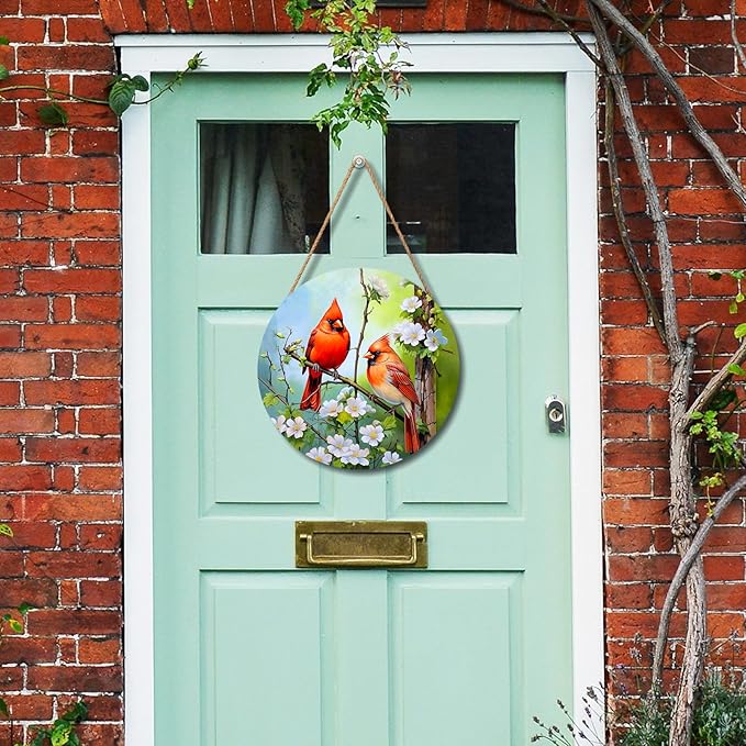 Harooni Spring Summer Cardinal Welcome Door Sign for Front Door Decor,Spring Pink Floral Round Wood Hanger Wreath for Outside Farmhouse Wooden Wreath for Porch Wall Hanging Sign Plaque Decor 12"x12"