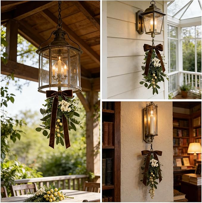 6 Pcs Spring Summer Green Eucalyptus Teardrop Swags 12" Artificial Eucalyptus Chandelier Swag Decor with Brown Velvet Bows Farmhouse Teardrop Wreaths for Indoor Outdoor Farmhouse Home Decor