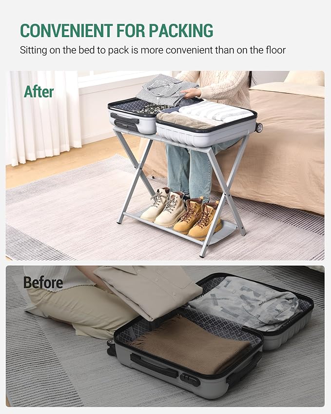 Luggage Rack, Folding Suitcase Stand for Guest, Foldable, Luggage Holders with Shelf, Steel Frame with Nylon Straps for Bedroom, Hotel, Holds up to 154 lb, Grey,1 Pack LR03899G