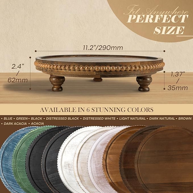 EOSAHR Acacia Wood Beaded Round Display Riser for Room Decor – 3-Leg Wooden Pedestal Stand for Coffee Table Decor, Cake Stand, Perfume & Vanity Organizer – Boho Home Decor for Kicthen Counter (Acacia Wood)