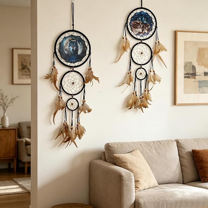 Remorelt Wolf Eagle Bear Dream Catcher Bedroom Wall Decor, Christmas Home Decoration, Room Accessory, White Moon Feather Decoration - Unique Home Craft Wall Pendant (DC25 6Inch Set 2 Wolf)