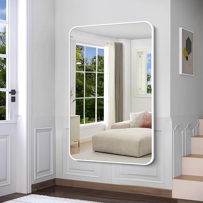 BONEWEI White Bathroom Mirror,55x36 inch Wall Mirror for Bathroom Wall Mounted,Rectangle Mirror for Bathroom Over Sink,Modern Frame Round Corner for Living Room,Bedroom Entryway,Horizontal/Vertical
